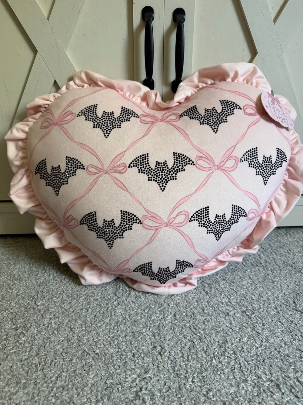 NEW Trick Or Chic Pink Heart with Bedazzled Bats Halloween Pillow